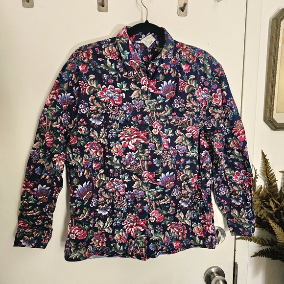 Vintage 90s Y2K Botanical Floral Navy Blue Womens 100% Cotton Button Up Shirt - Picture 3 of 13